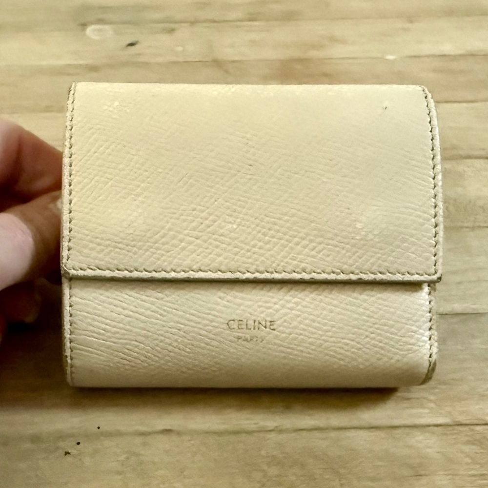 Celine Genuine Nude Grained Calfskin Leather Triomphe Compact Folded Wallet